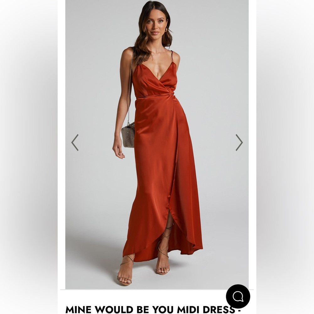 Never worn, tags still on! Beautiful satin copper colored Showpo wrap dress.